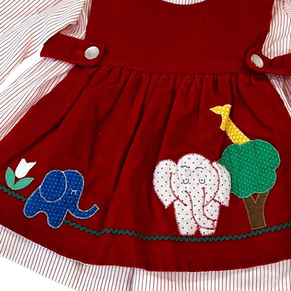 Vintage Zoo Animals Elephant Pinafore Corduroy Dress 12 Months Baby Girls Red - Picture 3 of 10